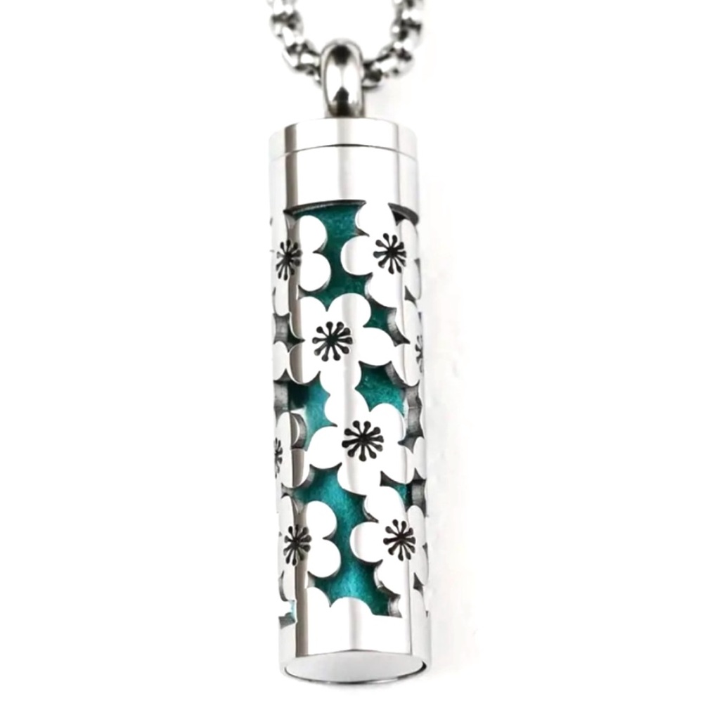 Stainless Steel Essential Oil Diffuser Necklace Floral Cylinder 28”